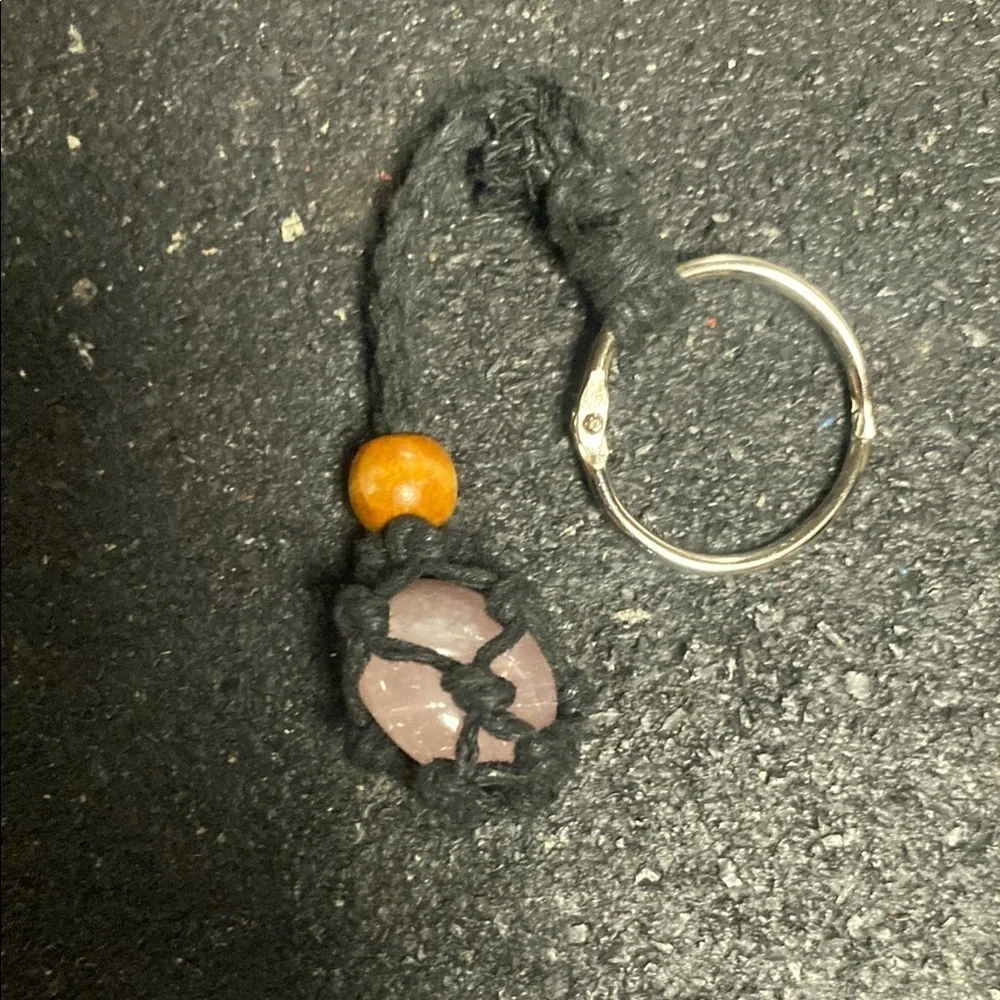 Pink Rose Quartz Stone Keychain with Orange Bead